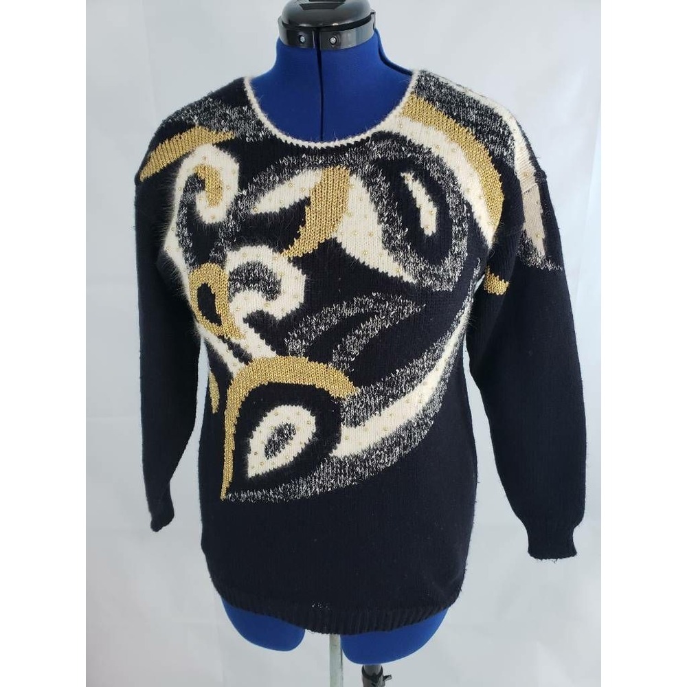 Dana Scott Womens Pullover Sweater Geometric Print Long Sleeve Ribbed Med T100‎